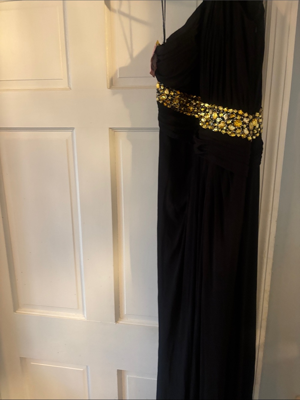 Allure One-Shoulder Black Gown with Gold Jeweled Waist Plus Shoulder